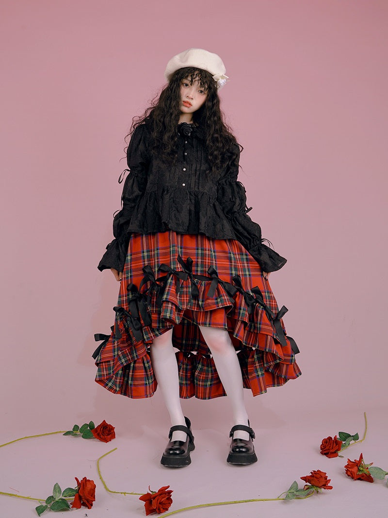 Fish-tail Plaid Cat Ribbon Frill Gothic Lorita Skirt