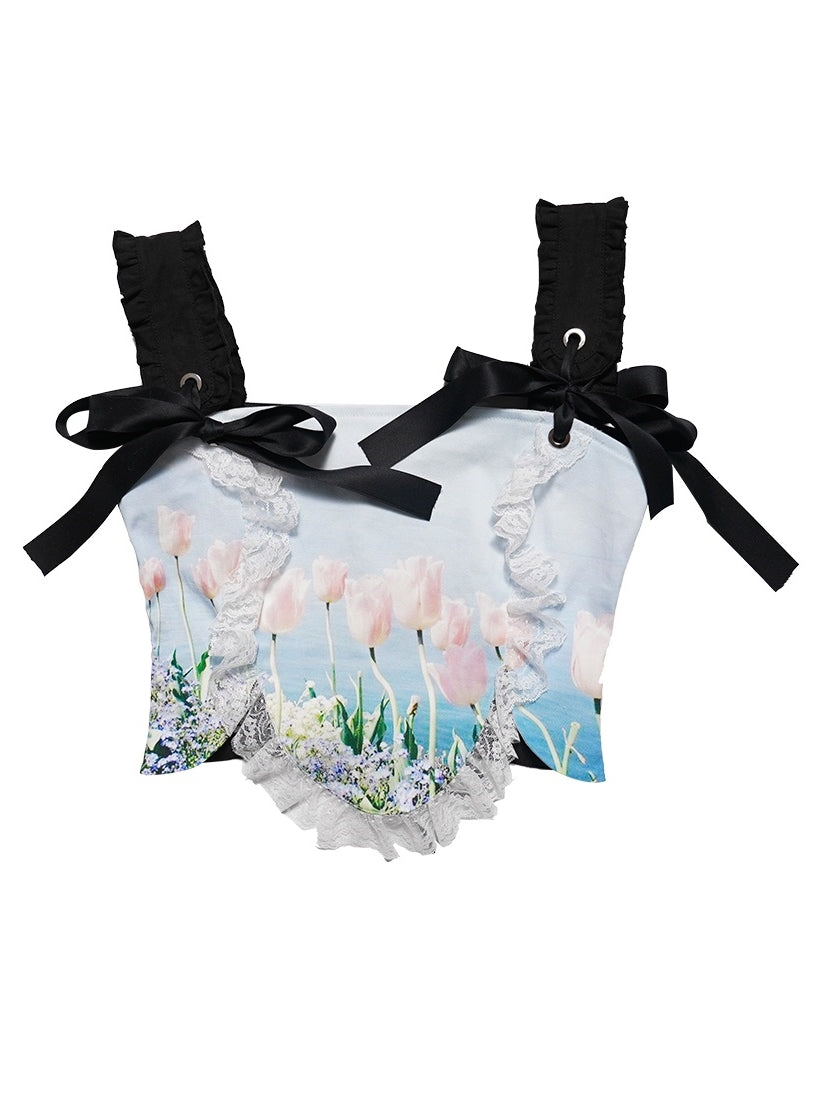 Gothic Lace Frill Ribbon Lace-up Bear Tulip Bustier