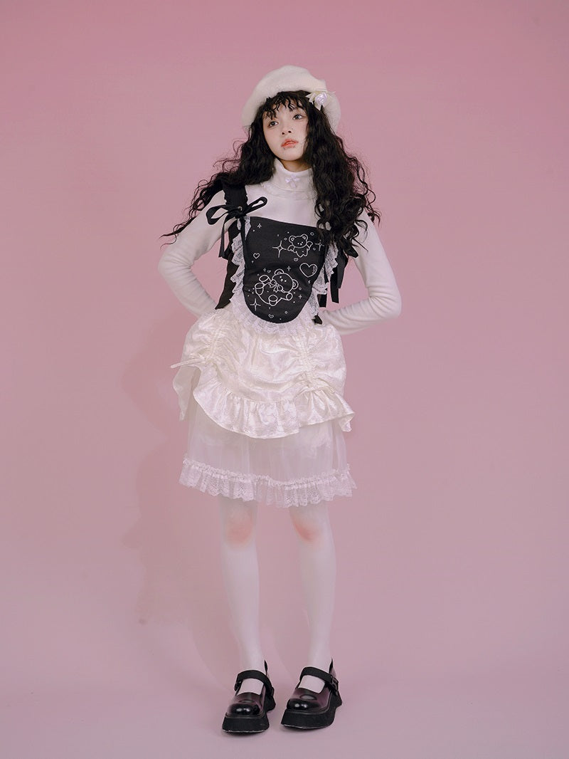 Gothic Lace Frill Ribbon Lace-up Bear Tulip Bustier