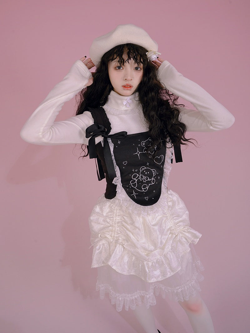 Gothic Lace Frill Ribbon Lace-up Bear Tulip Bustier
