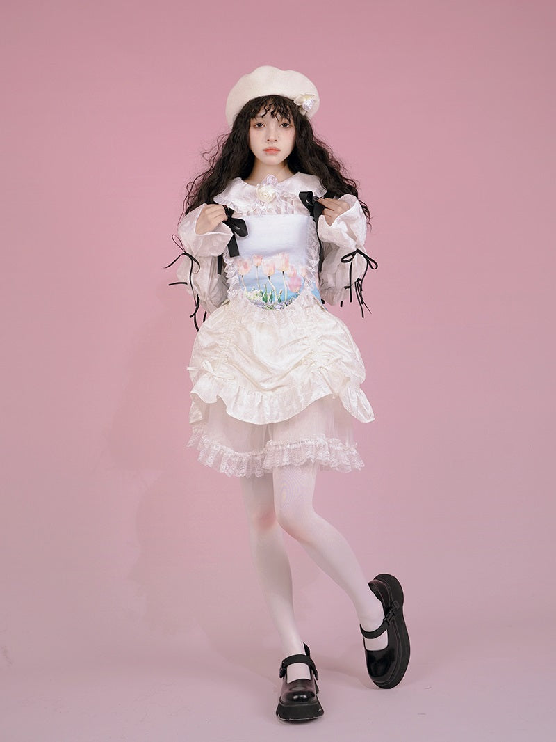 Gothic Lace Frill Ribbon Lace-up Bear Tulip Bustier