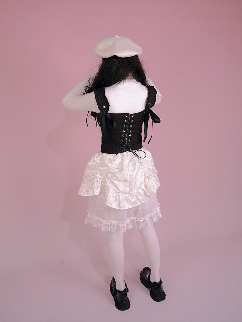 Gothic Lace Frill Ribbon Lace-up Bear Tulip Bustier