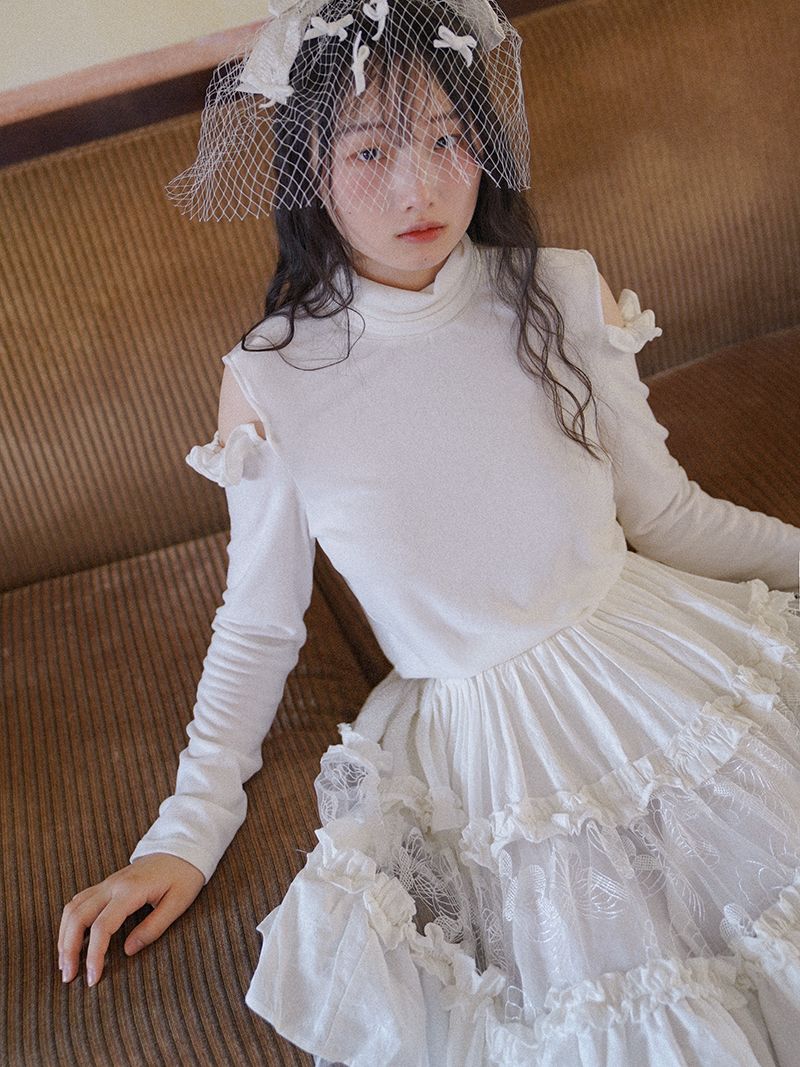 Shoulder-cut Frill High-neck Cutsew