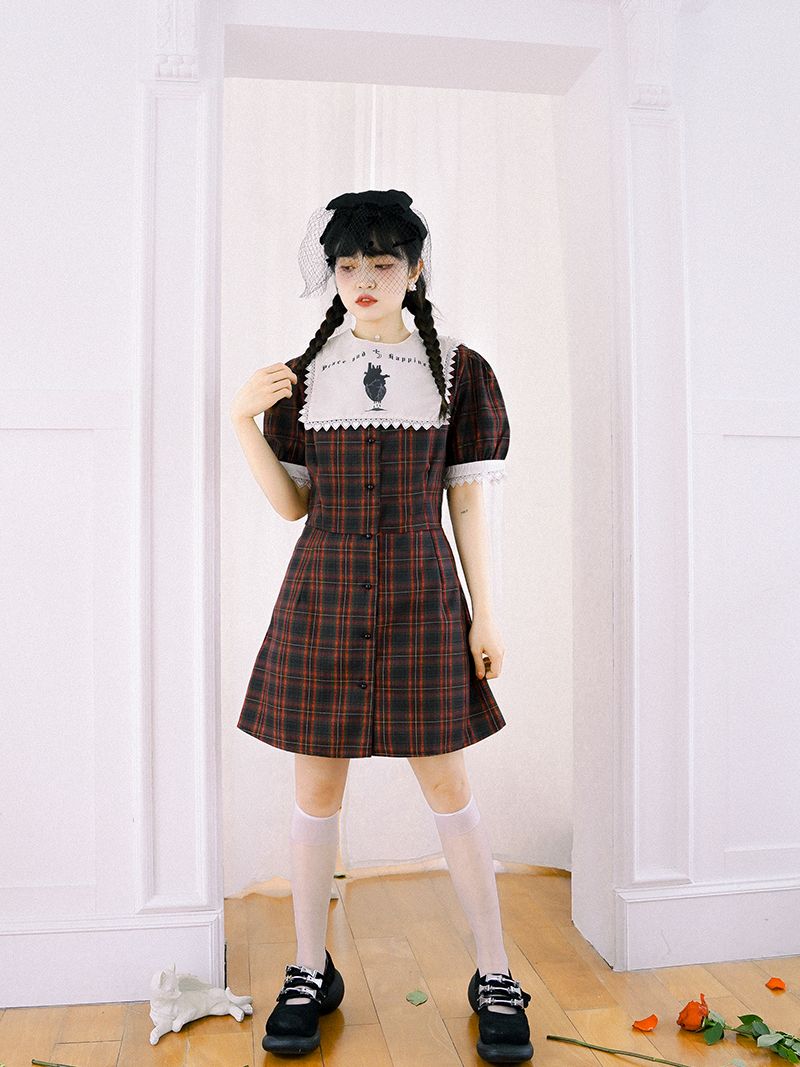 Checked Gothic Puff-sleeve One-piece