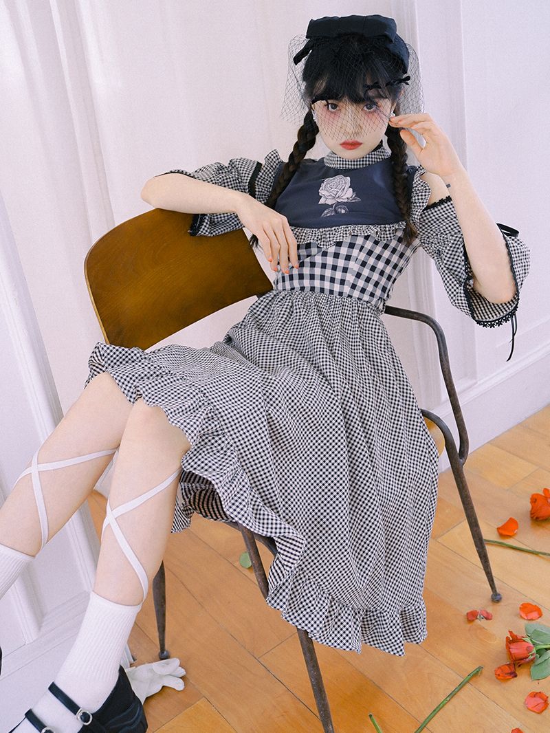 Checked Firly Frill Cute One-piece