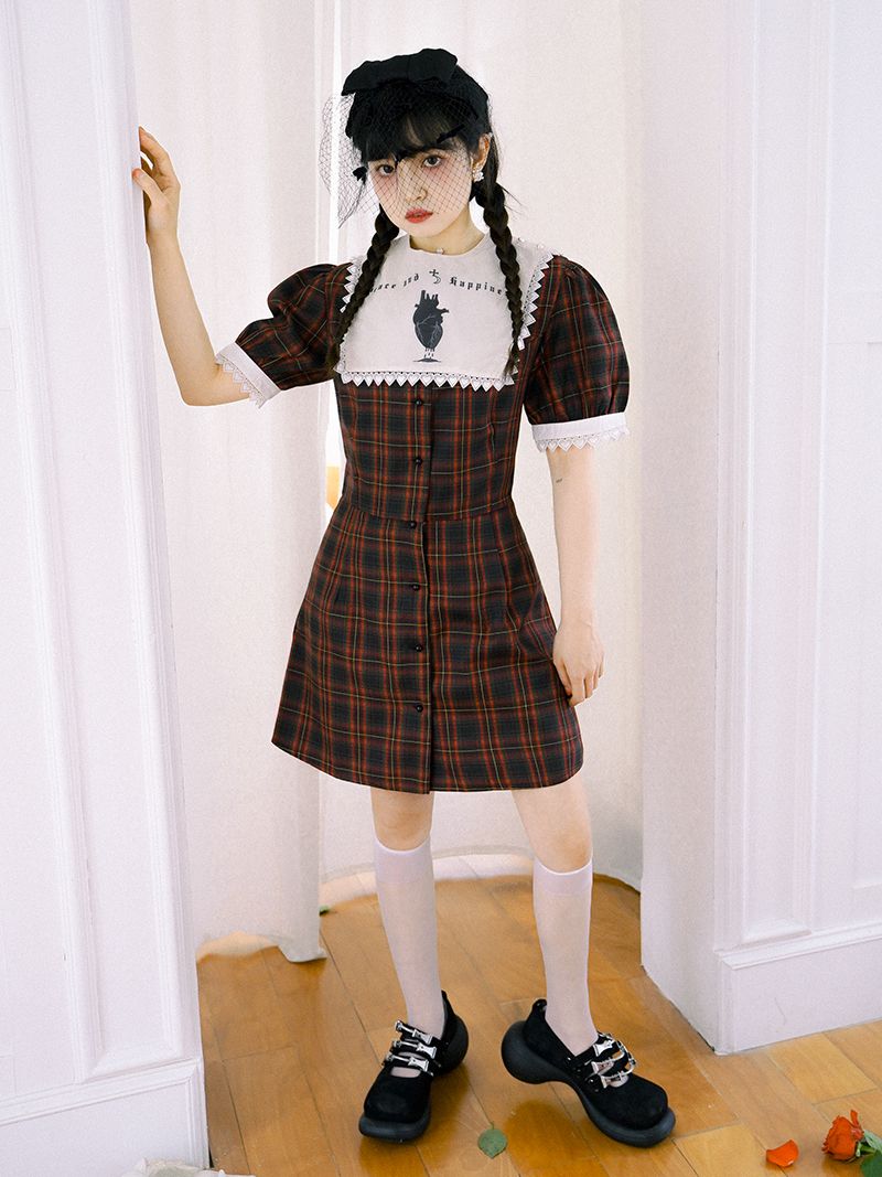 Checked Gothic Puff-sleeve One-piece