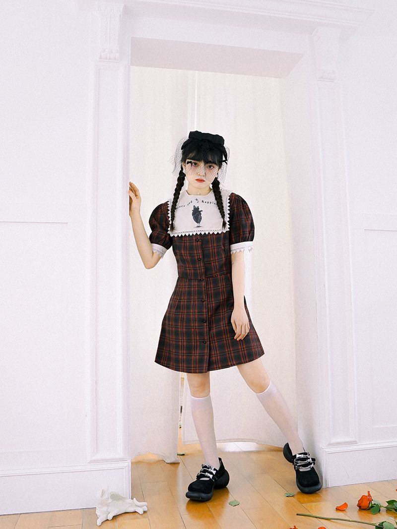 Checked Gothic Puff-sleeve One-piece