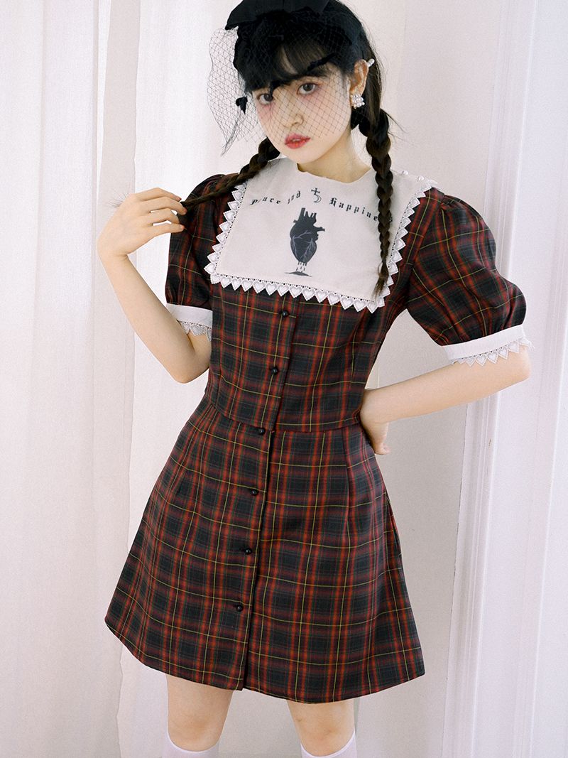 Checked Gothic Puff-sleeve One-piece