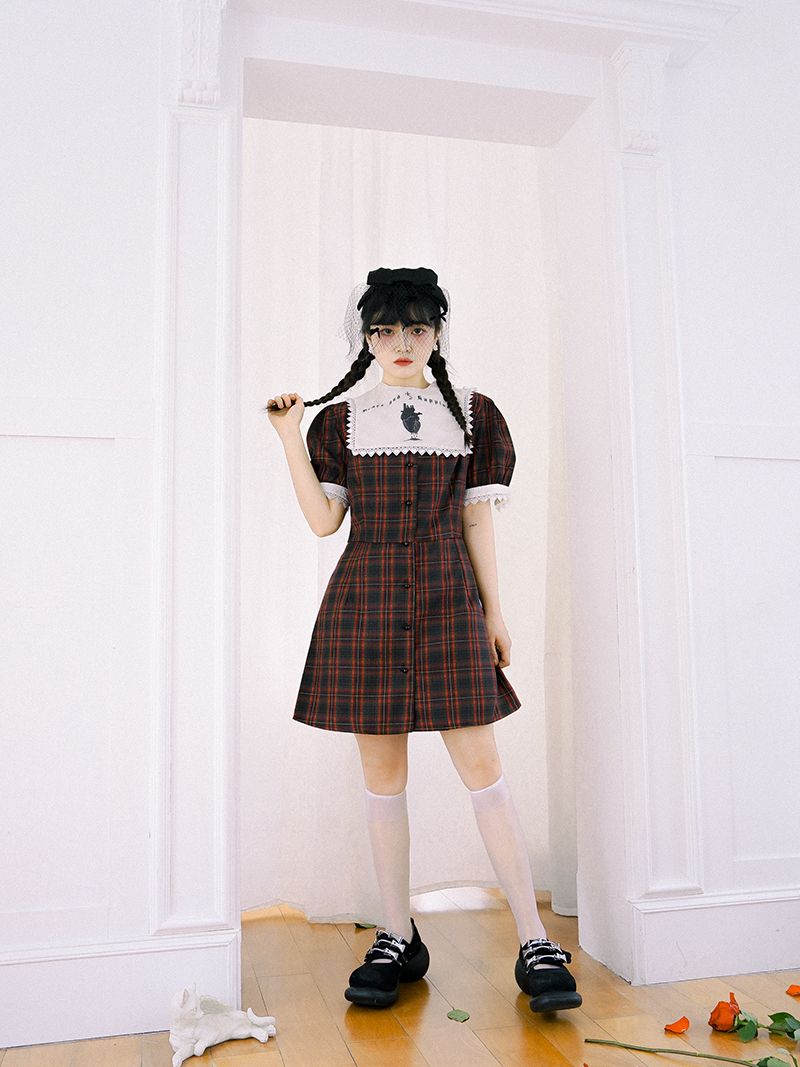 Checked Gothic Puff-sleeve One-piece