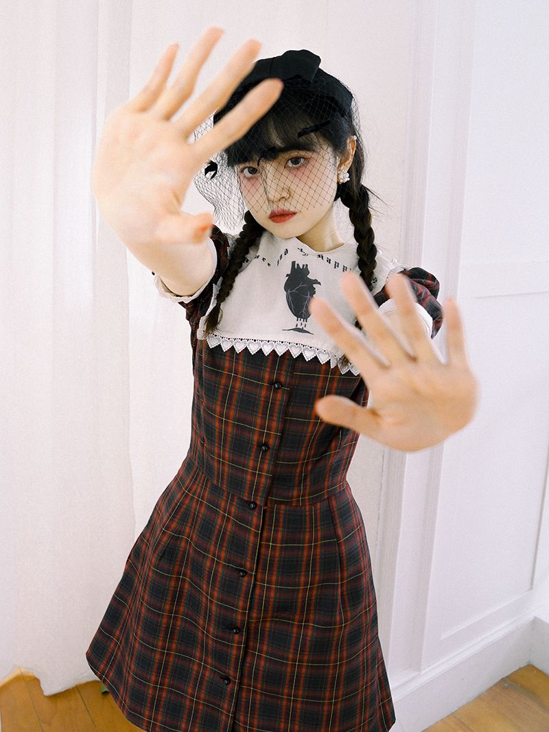 Checked Gothic Puff-sleeve One-piece