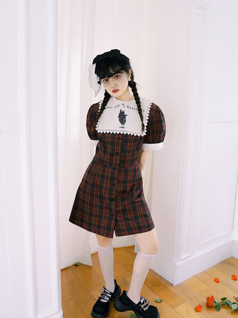 Checked Gothic Puff-sleeve One-piece