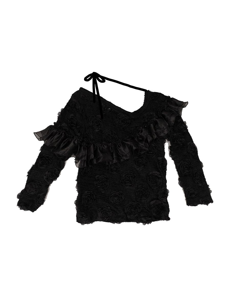 One-shoulder Lace Frill Rose Flower Knit