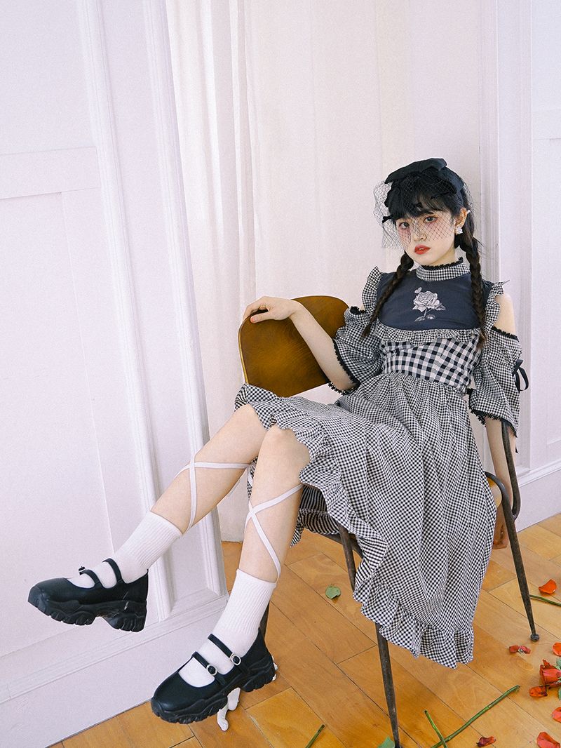 Checked Firly Frill Cute One-piece