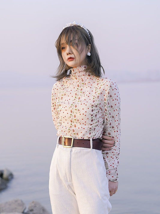 High-neck Flower Retro Crumply Blouse