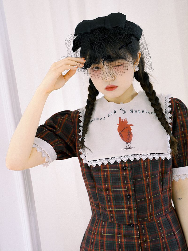 Checked Gothic Puff-sleeve One-piece