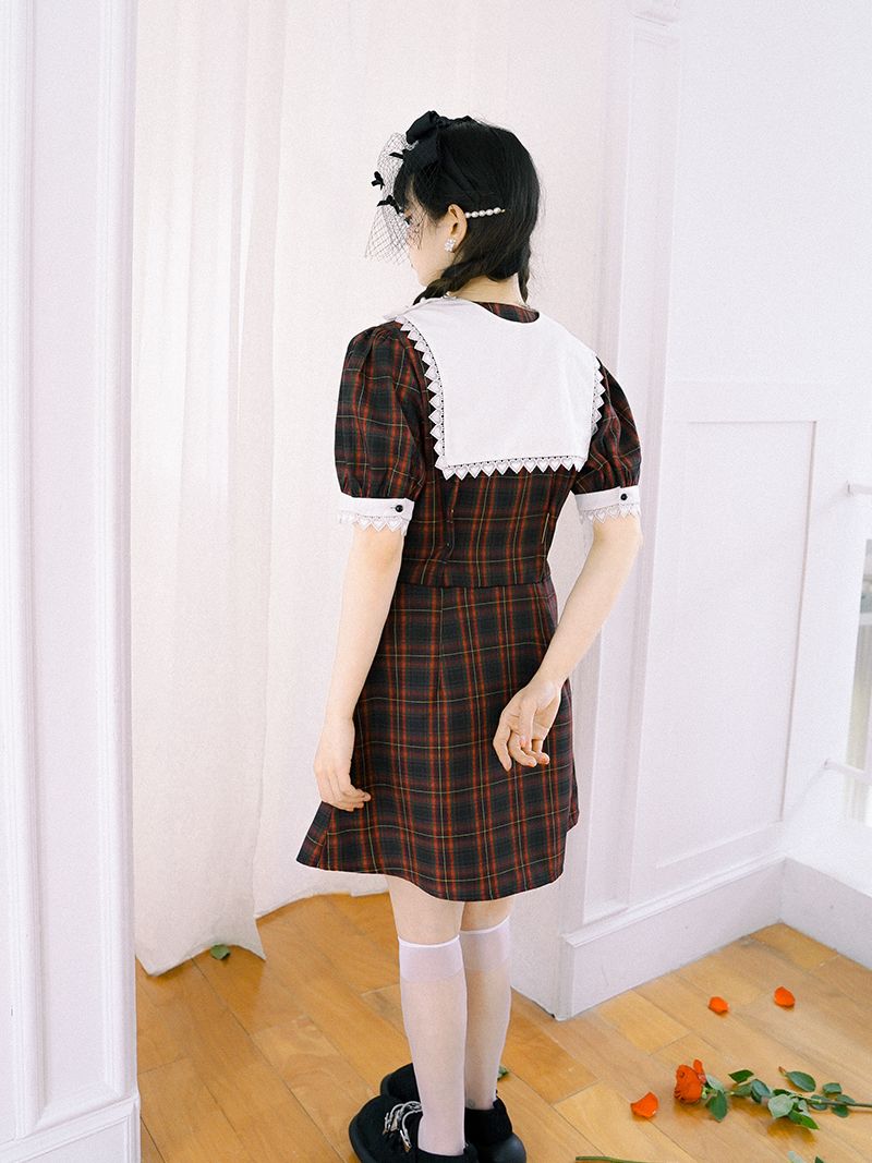Checked Gothic Puff-sleeve One-piece