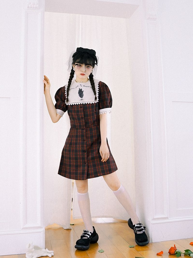 Checked Gothic Puff-sleeve One-piece