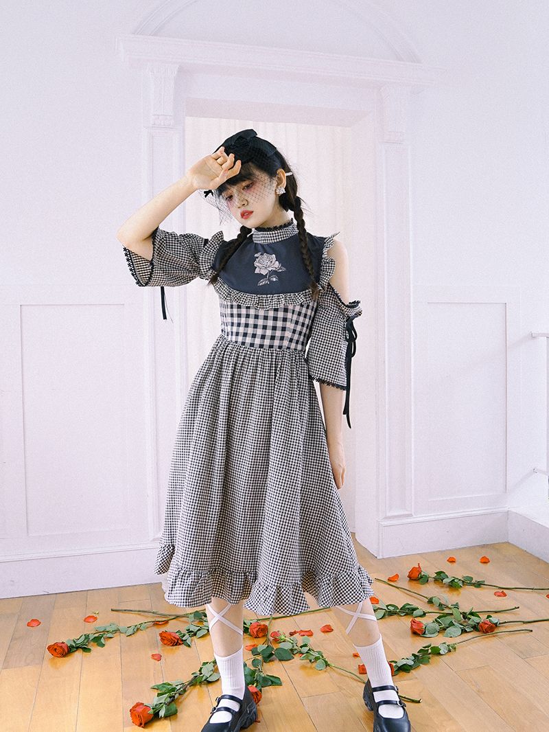 Checked Firly Frill Cute One-piece