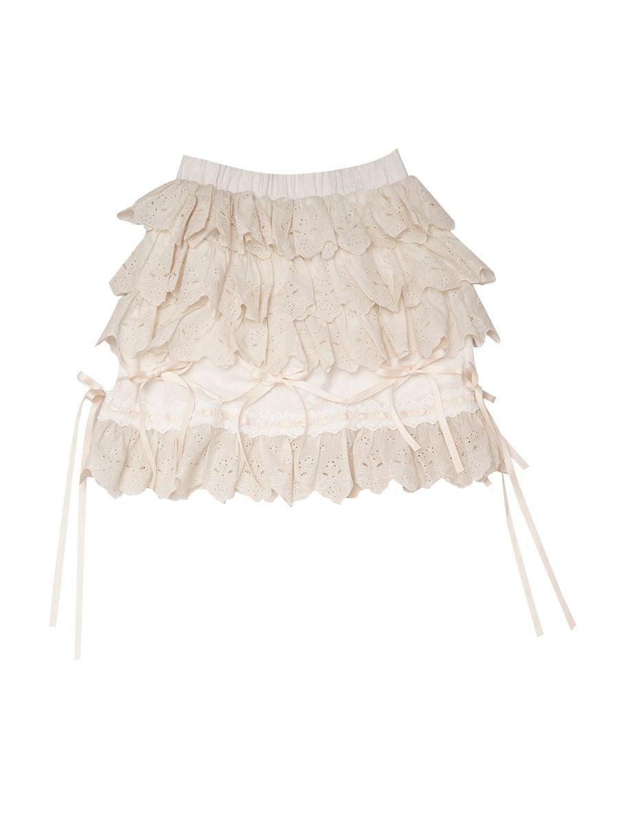 Hem Gothic Ribbon Tiered Lace Sweet  Skirt
