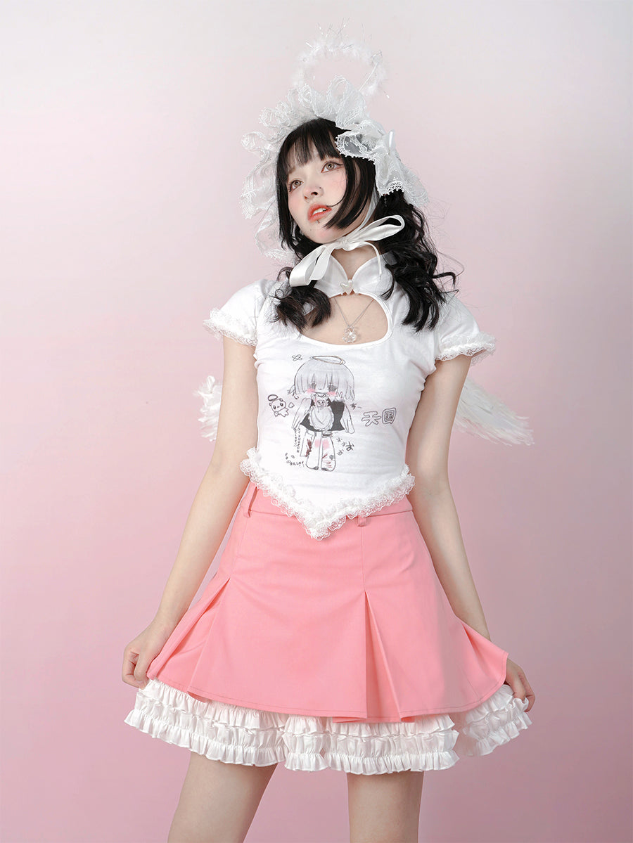 Pleated Lace Contrast Color Skirt