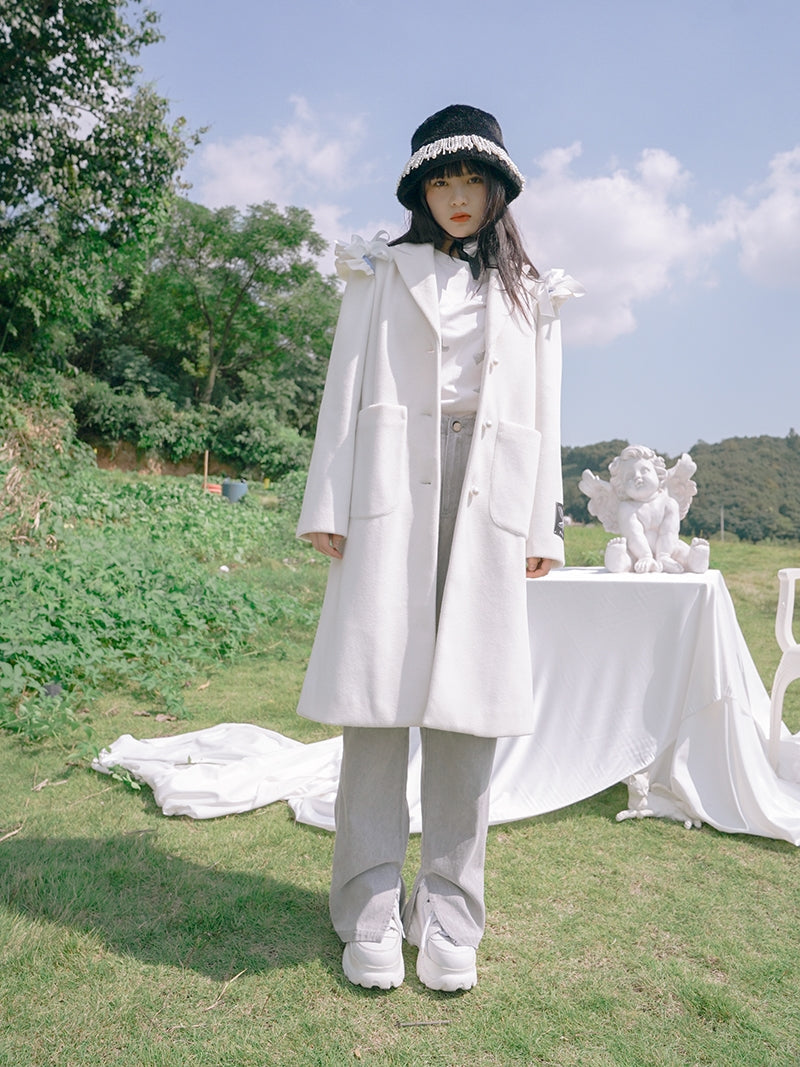Frill Wool Girly Pearl-button Long-coat