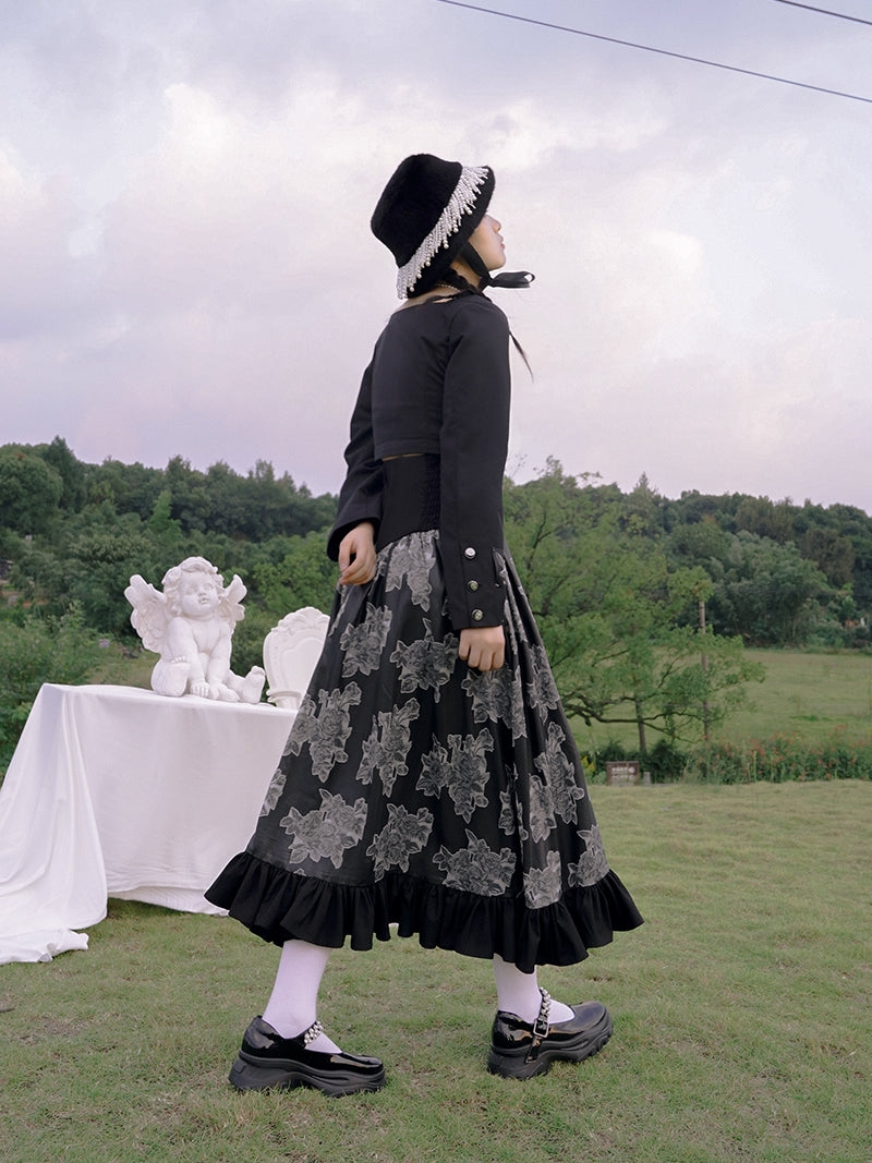 Tiered Frill Flower Retro Monotone Long Skirt