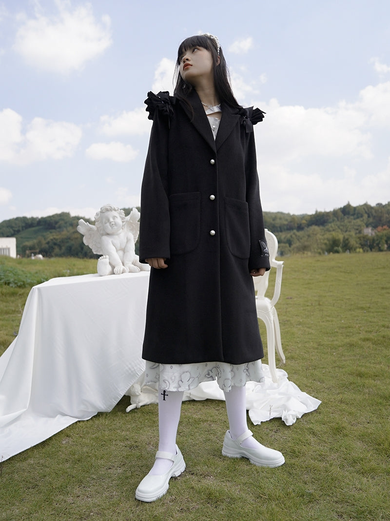 Frill Wool Girly Pearl-button Long-coat