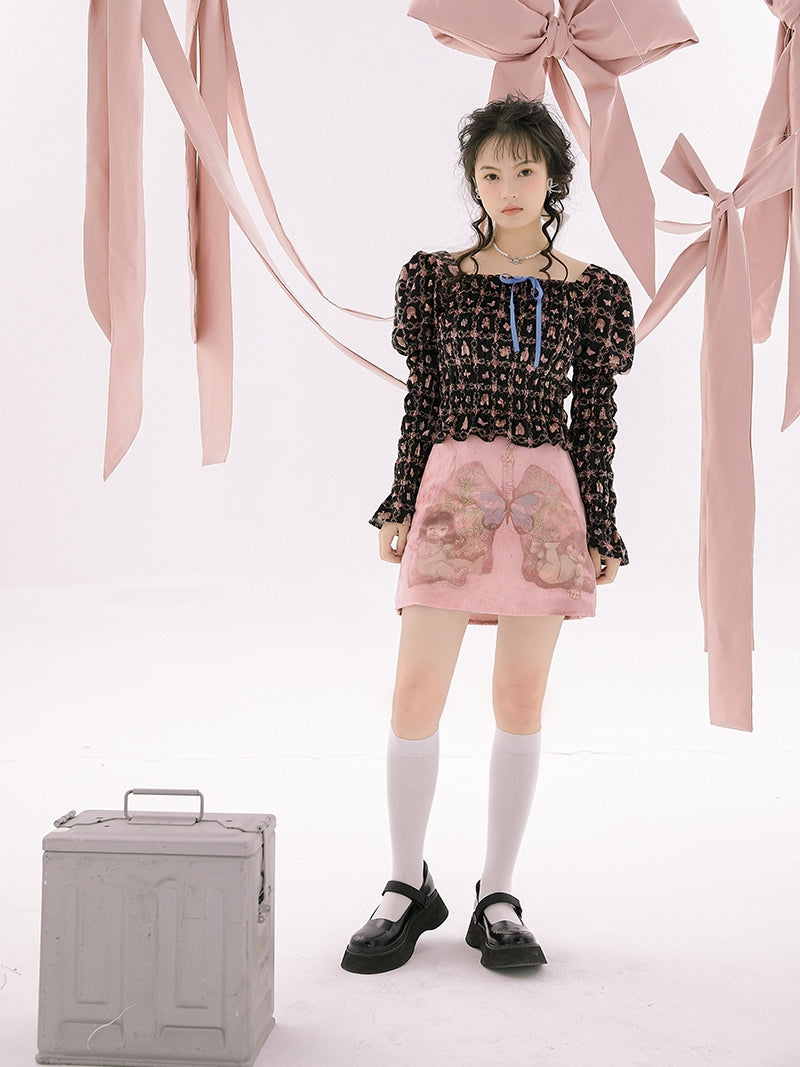 Wrinkled Gather Peplum Power-shoulder Blouse