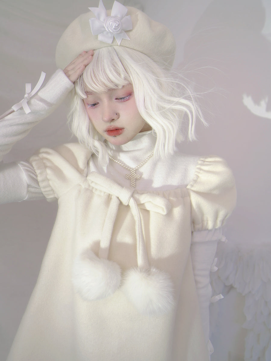 Hair Ball Bow Puff Sleeve Dress