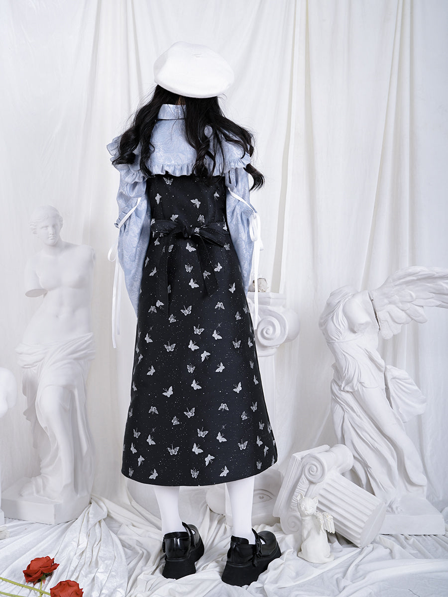 Frill Ribbon Balloon-sleeves Gloss Flower Blouse