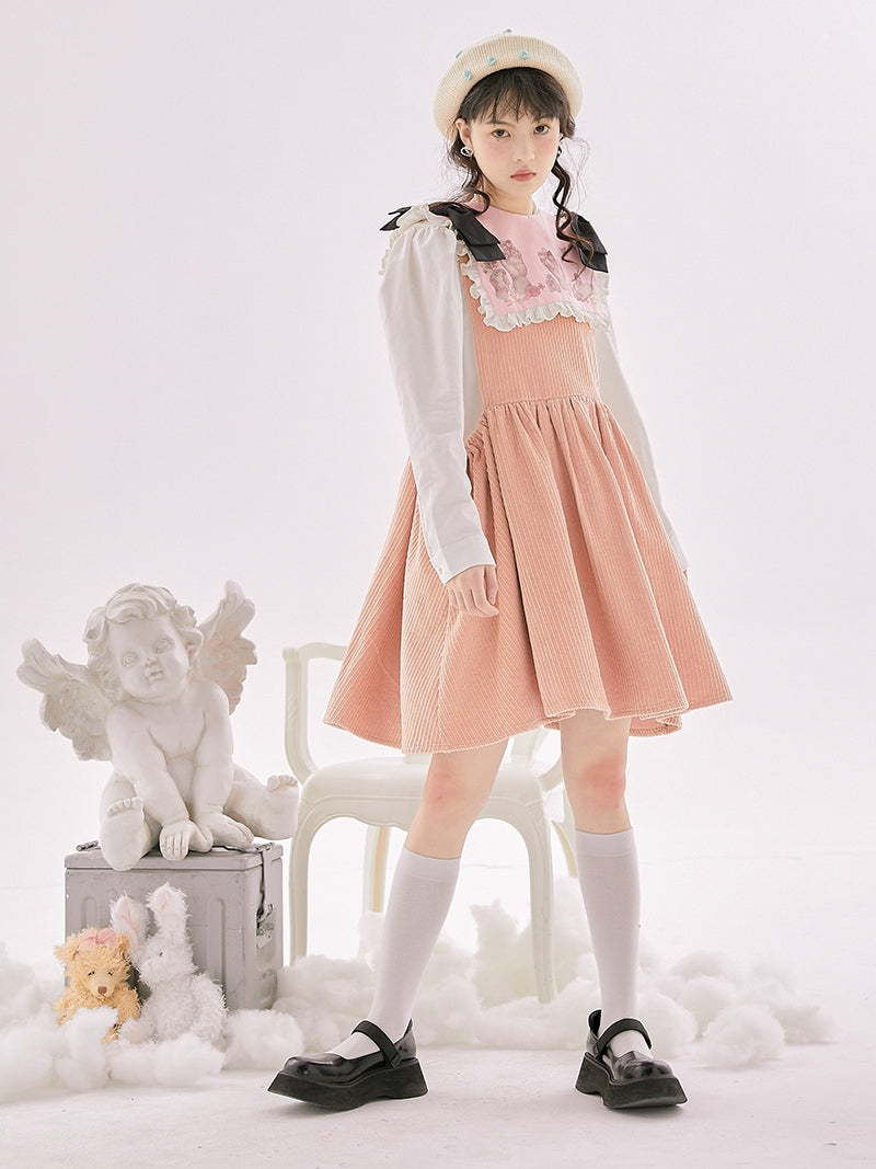 Corduroy Ribbon Fluffy Cute One-piece