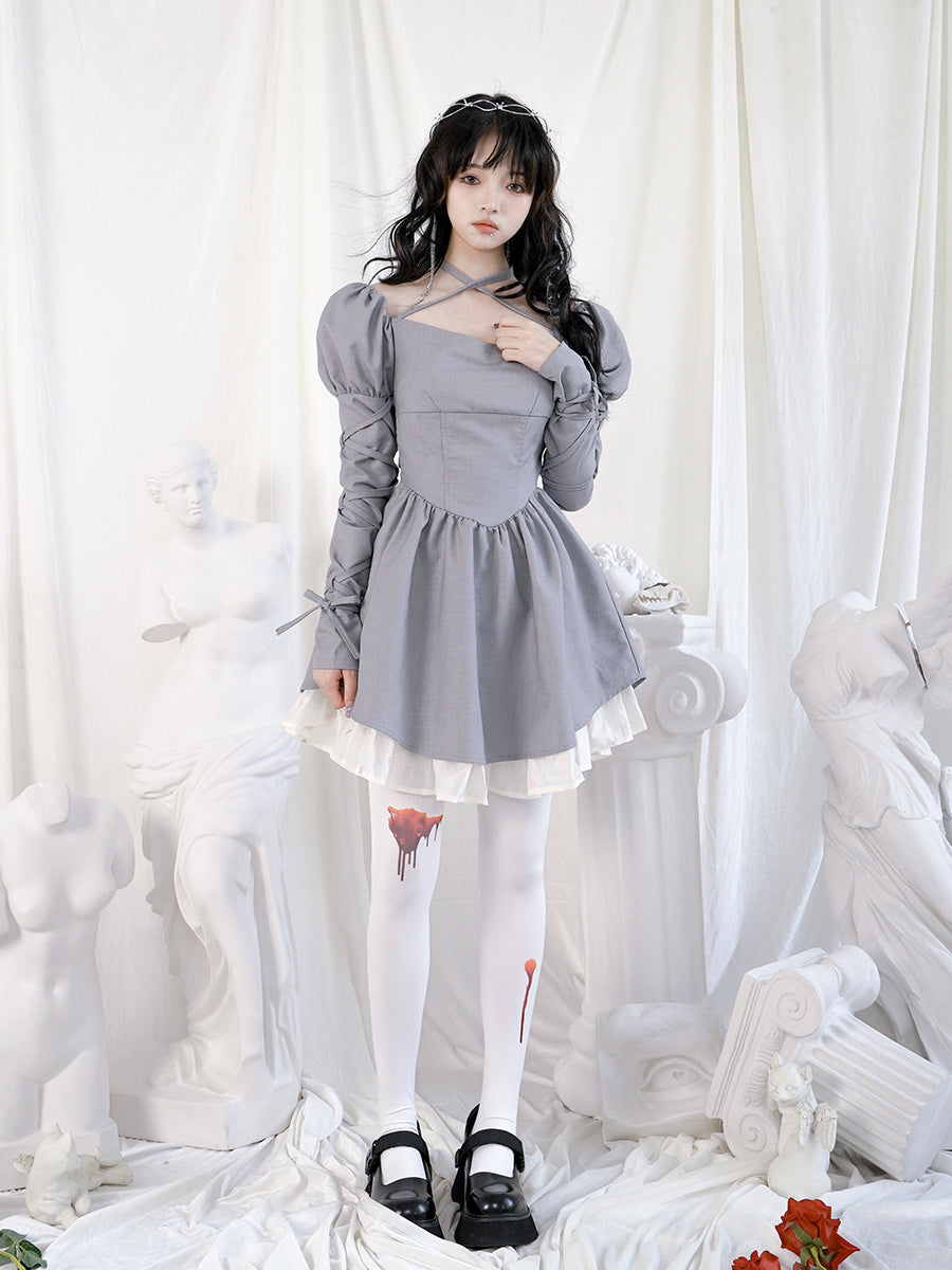 Cross Lace Grily Fluffy Ouff-sleeves One-piece