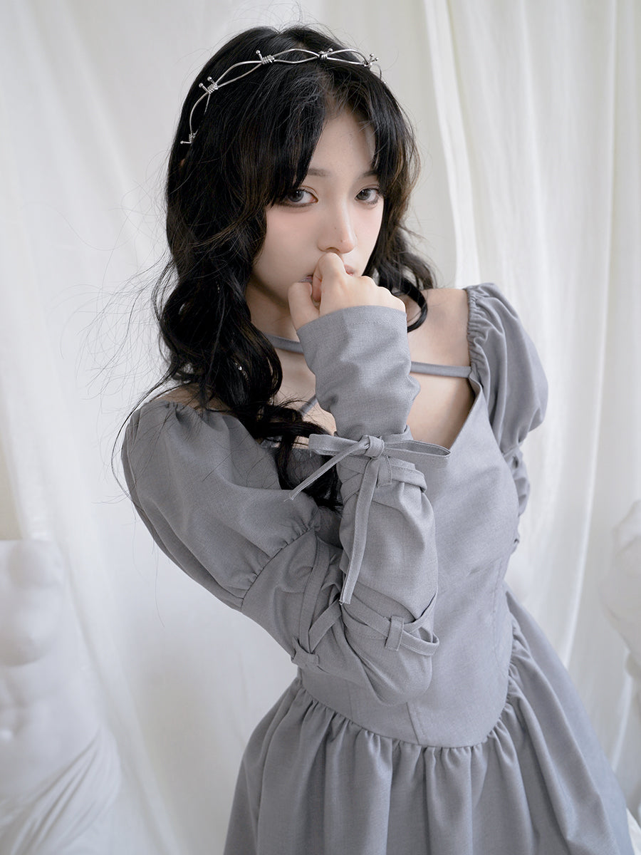 Cross Lace Grily Fluffy Ouff-sleeves One-piece