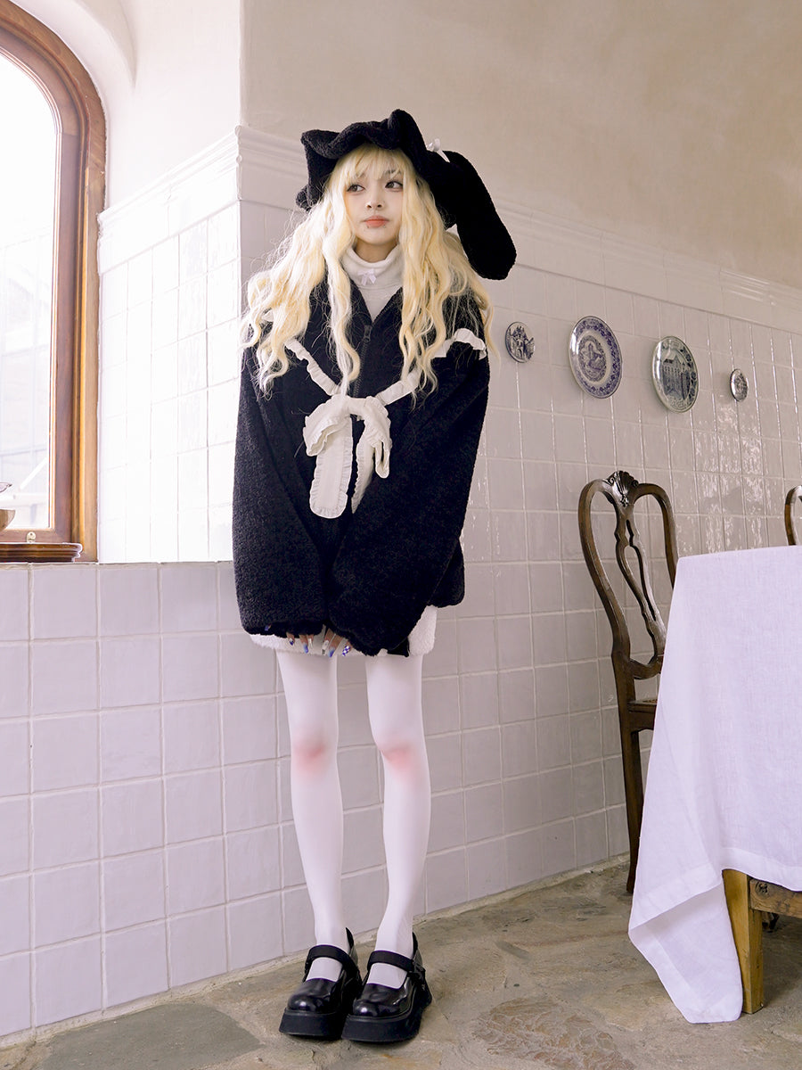 Gothic Lolita Rabbit-ear Ribbon Frill Boa Parka