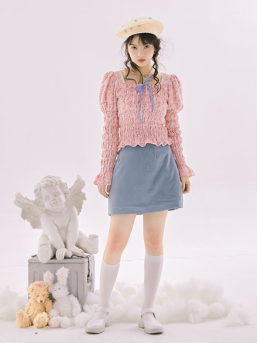 Wrinkled Gather Peplum Power-shoulder Blouse