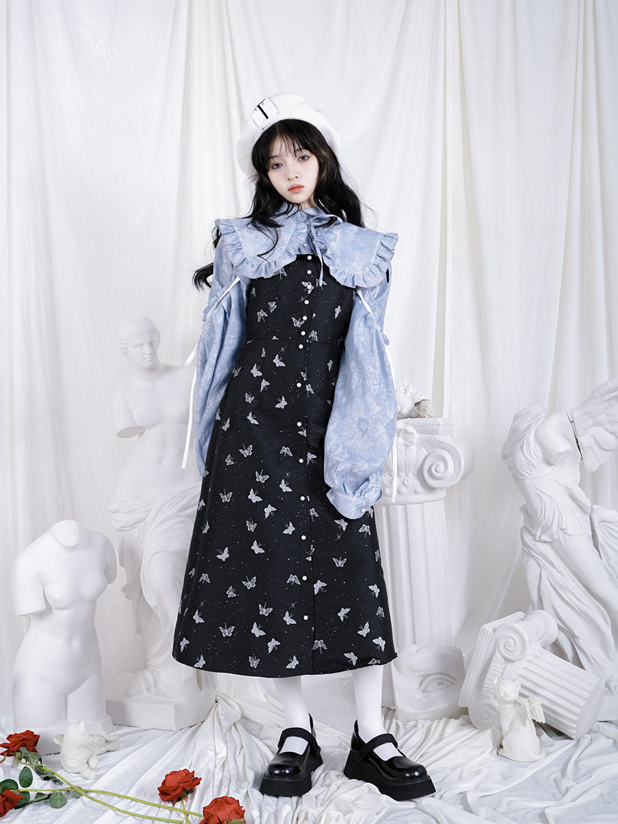 Frill Ribbon Balloon-sleeves Gloss Flower Blouse