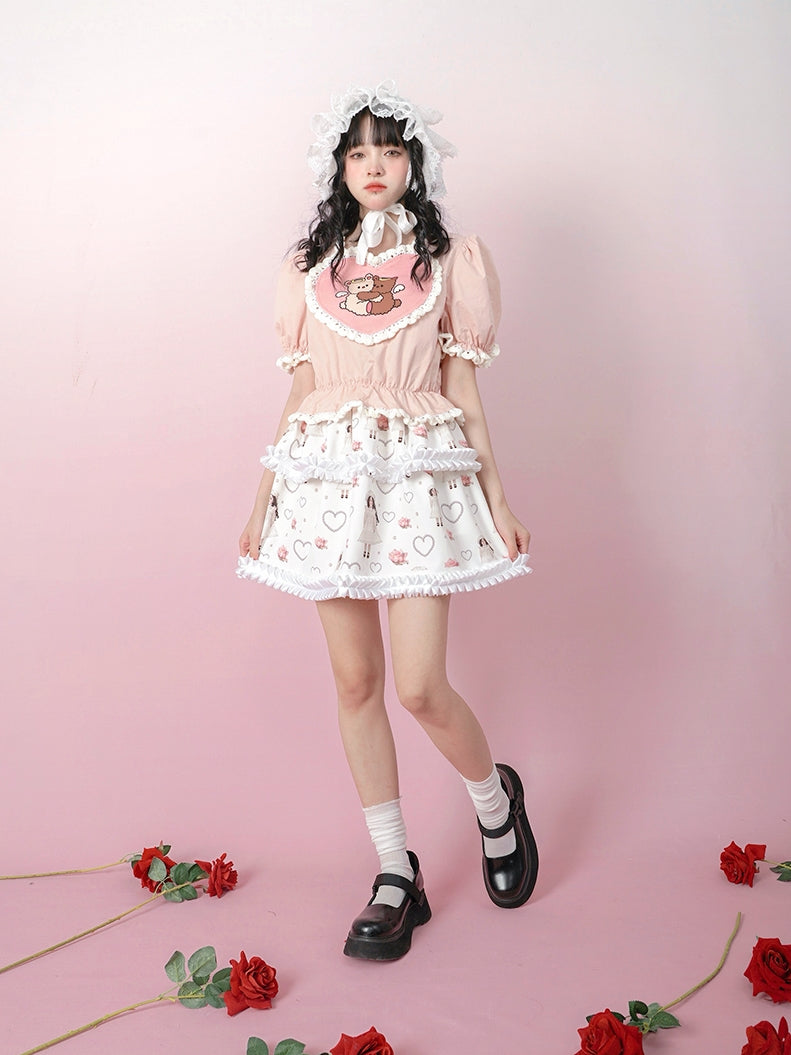 Angel Hug Bear Print Love Pink Shirt