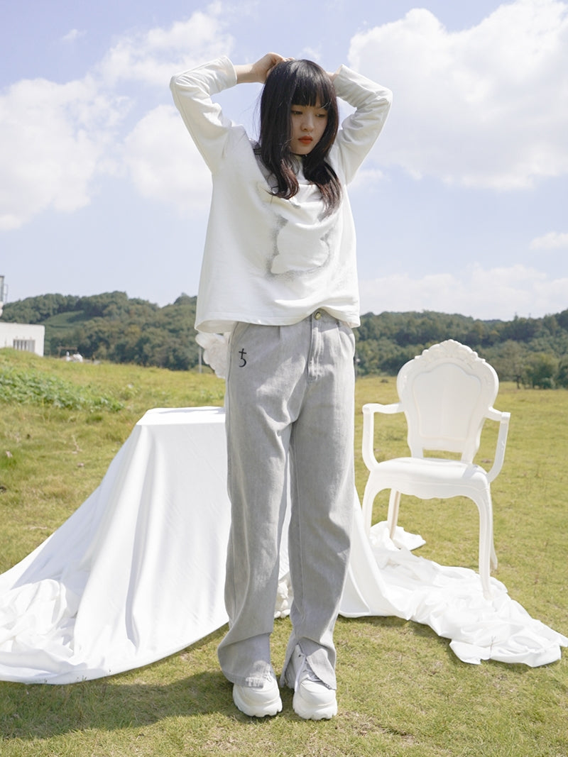 Casual Straight Denim Slit Pants