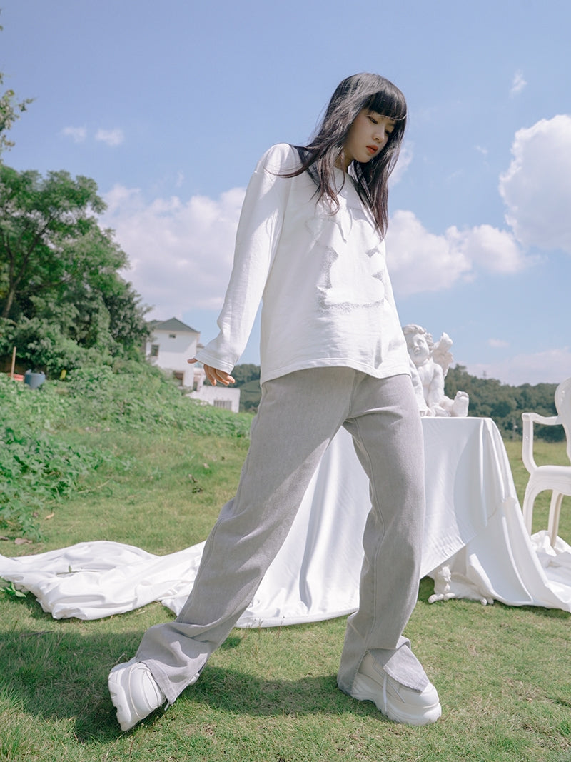 Casual Straight Denim Slit Pants