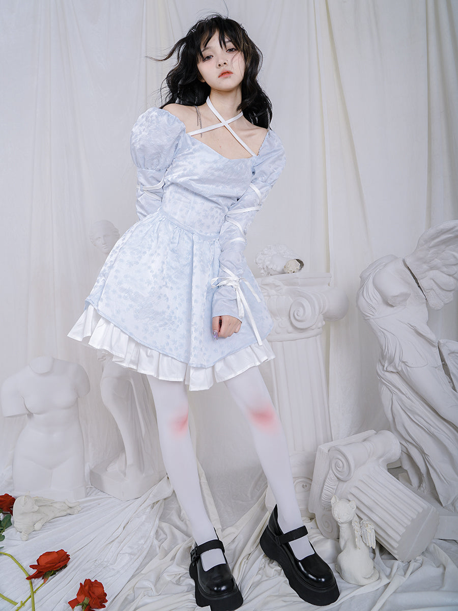 Cross Lace Grily Fluffy Ouff-sleeves One-piece