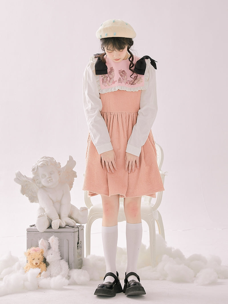 Corduroy Ribbon Fluffy Cute One-piece