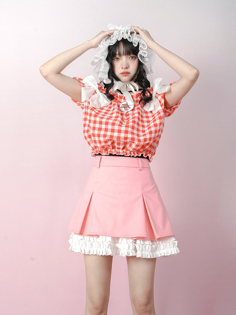 Pleated Lace Contrast Color Skirt