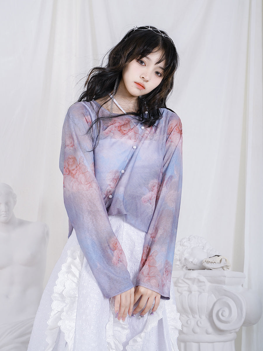 Pale Angel Sheer Loose Pearl-button Cutsew