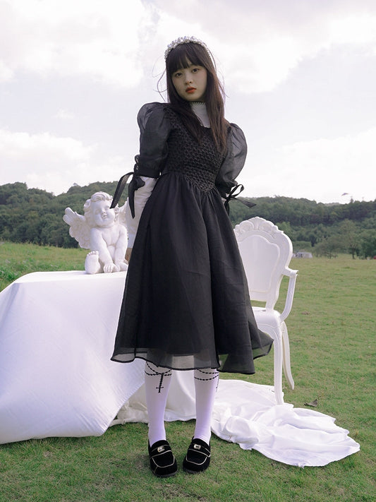 Monotone Ribbon Fluffy Ciffon One-piece