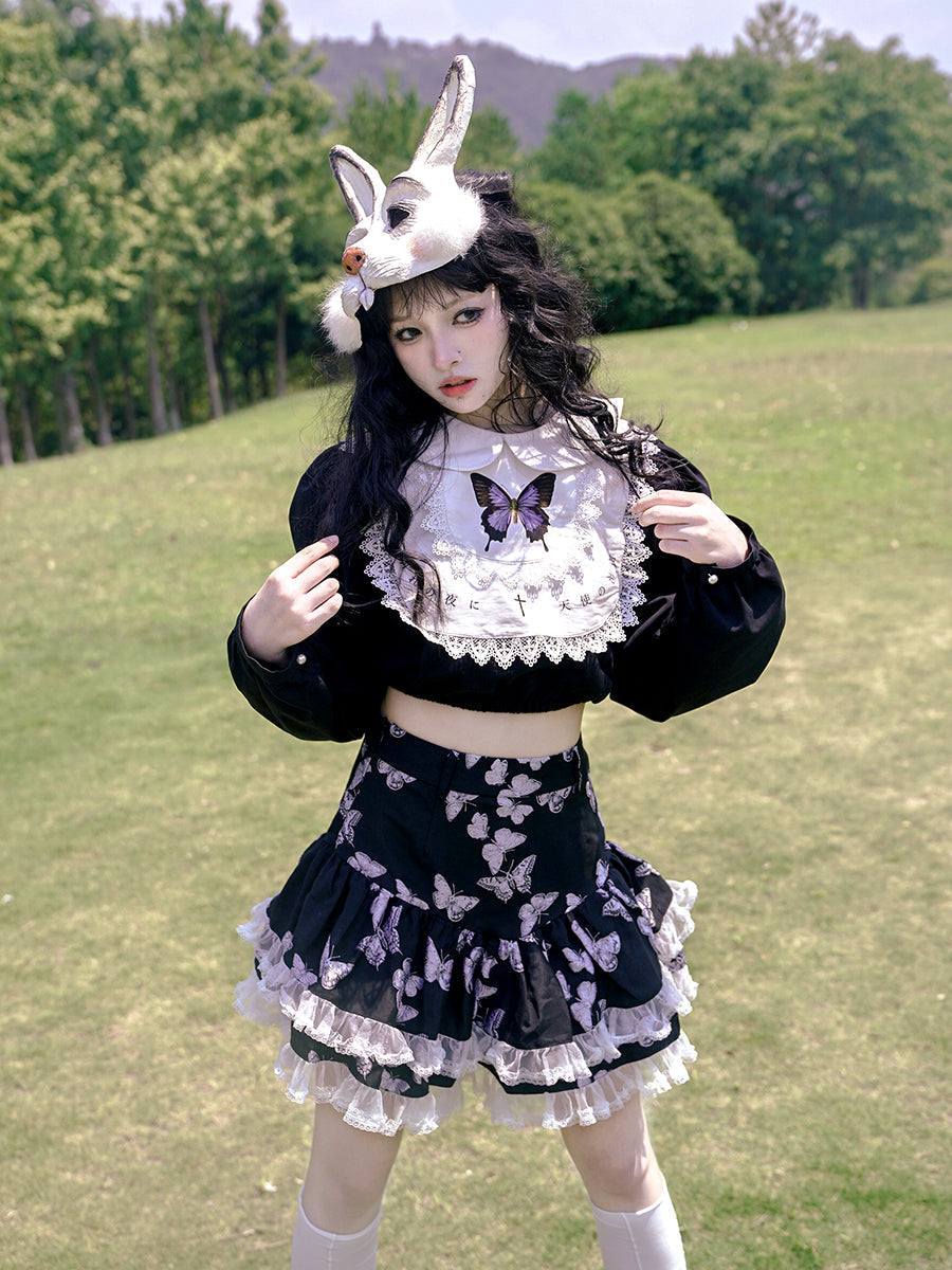 Butterfly Cross Print Lace Embroidered Short Shirt