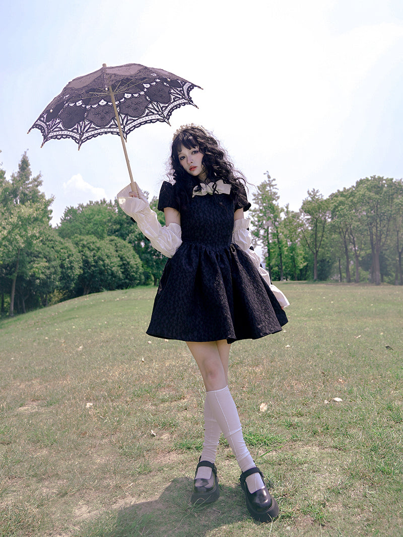 Bow Jacquard Short-sleeved Short Dress