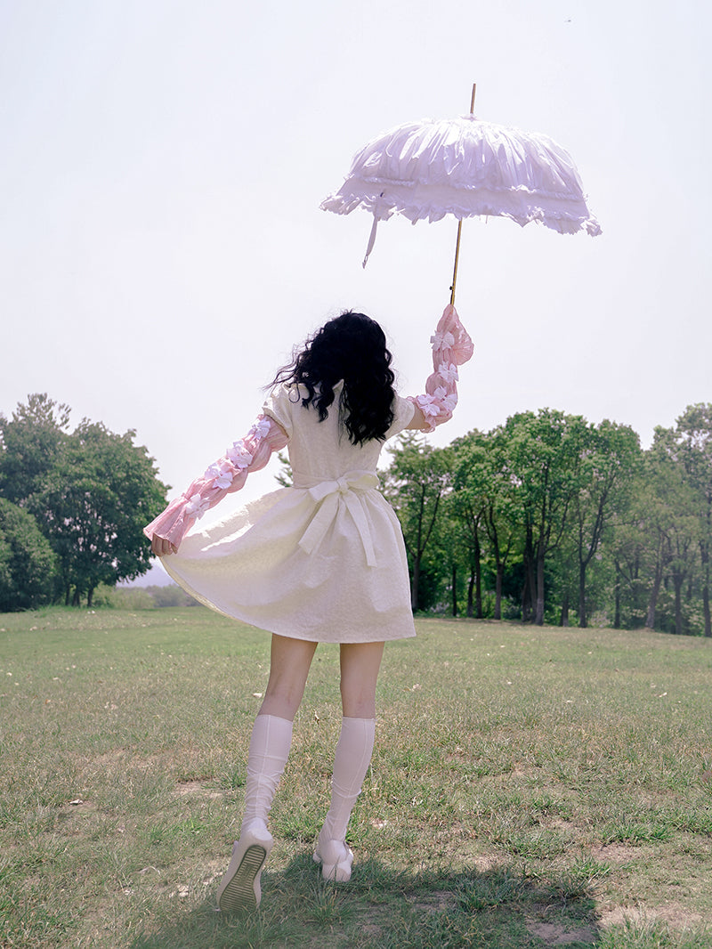 Bow Jacquard Short-sleeved Short Dress