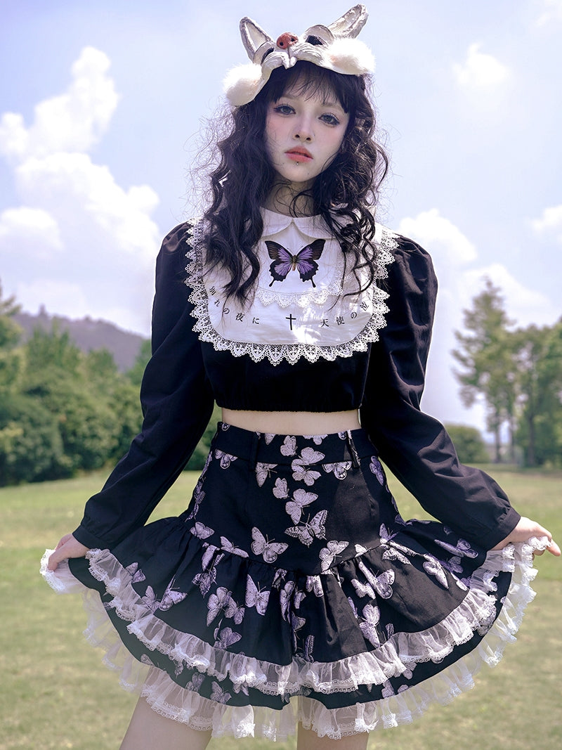 Butterfly Cross Print Lace Embroidered Short Shirt