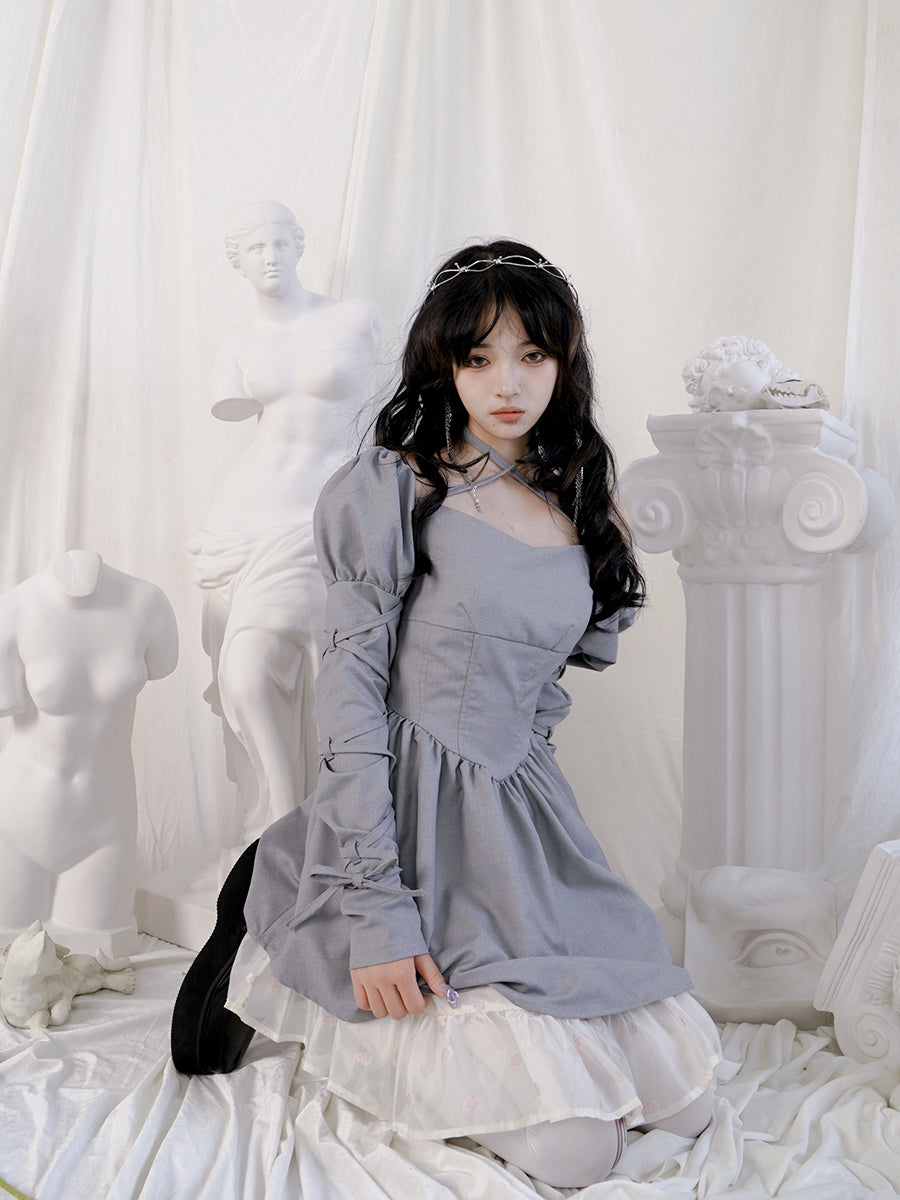 Cross Lace Grily Fluffy Ouff-sleeves One-piece