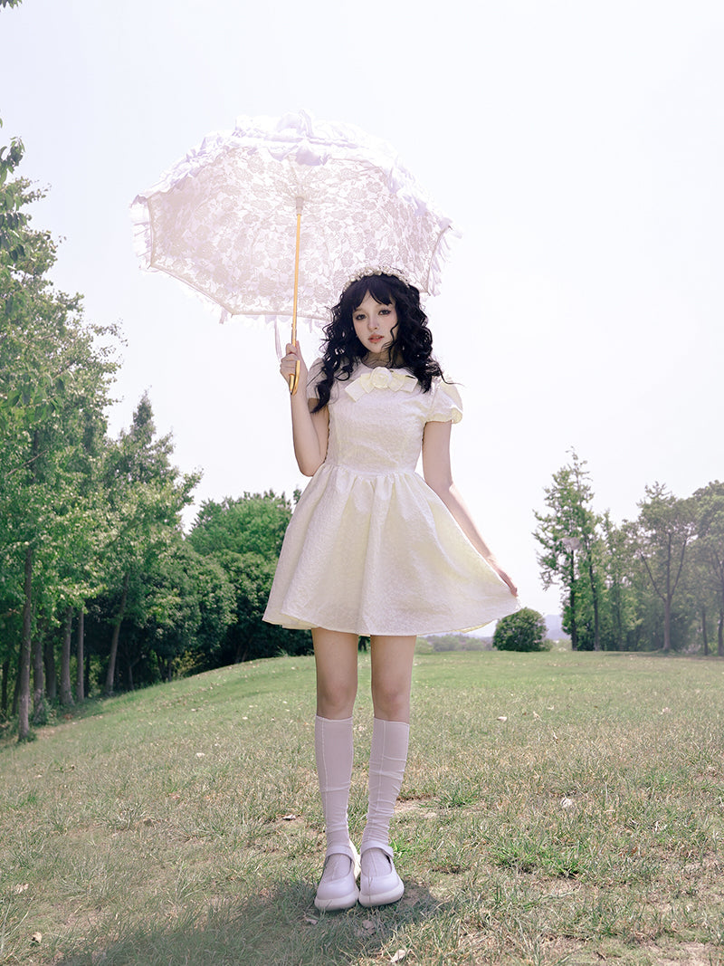 Bow Jacquard Short-sleeved Short Dress